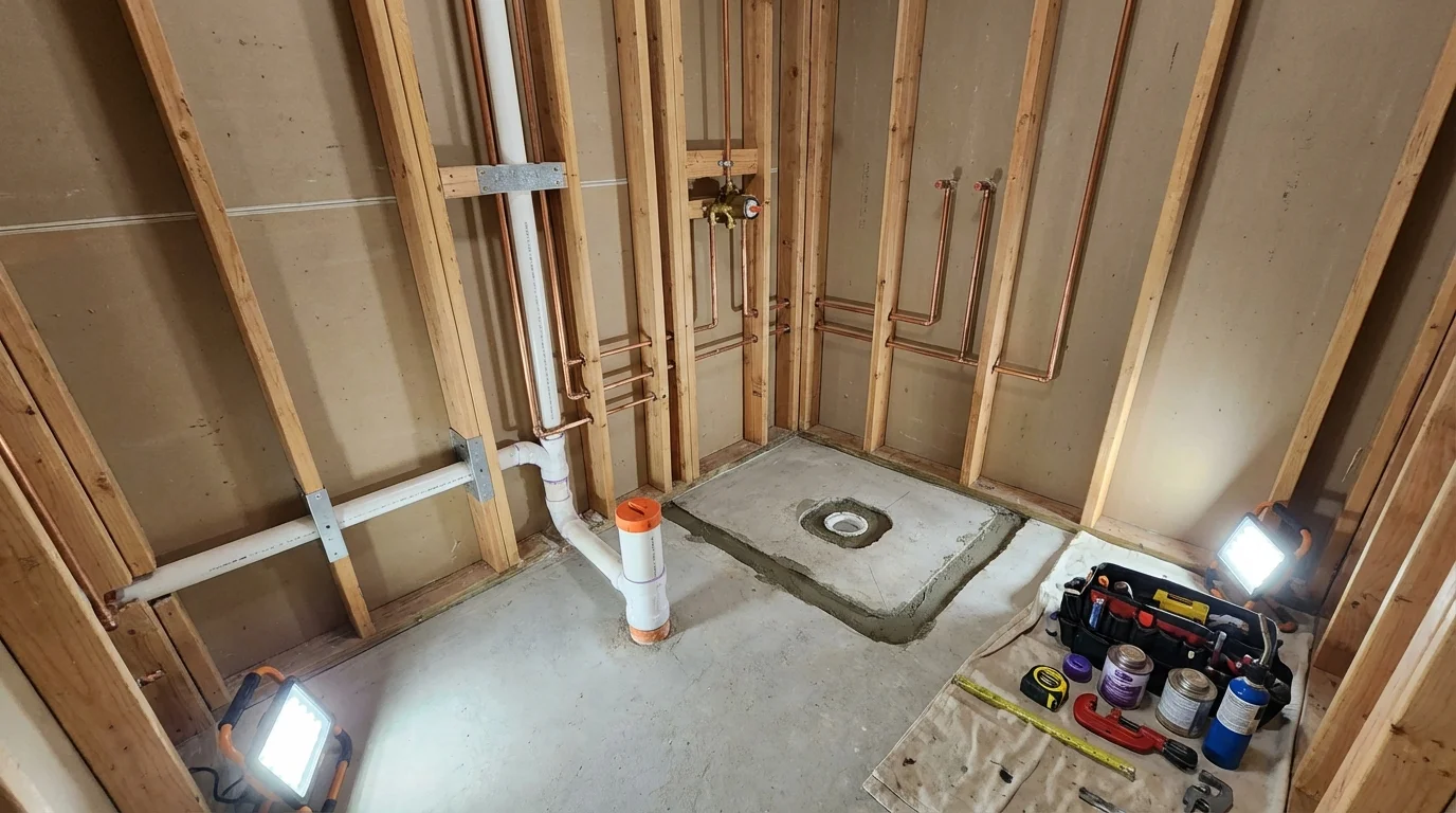 Bathroom rough-in plumbing during remodel by Johns Plumbing LLC in Wymore