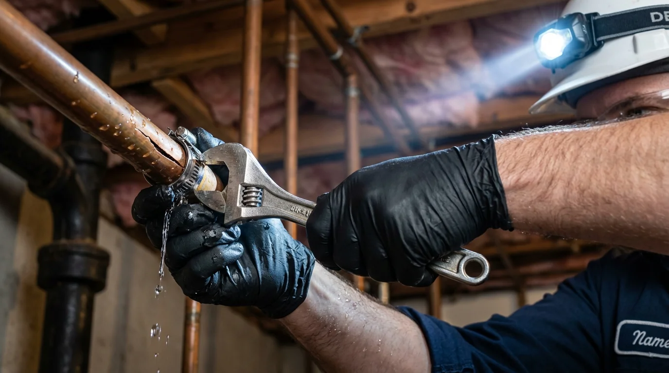 Emergency pipe clamp repair being performed by a Johns Plumbing LLC plumber in Wymore