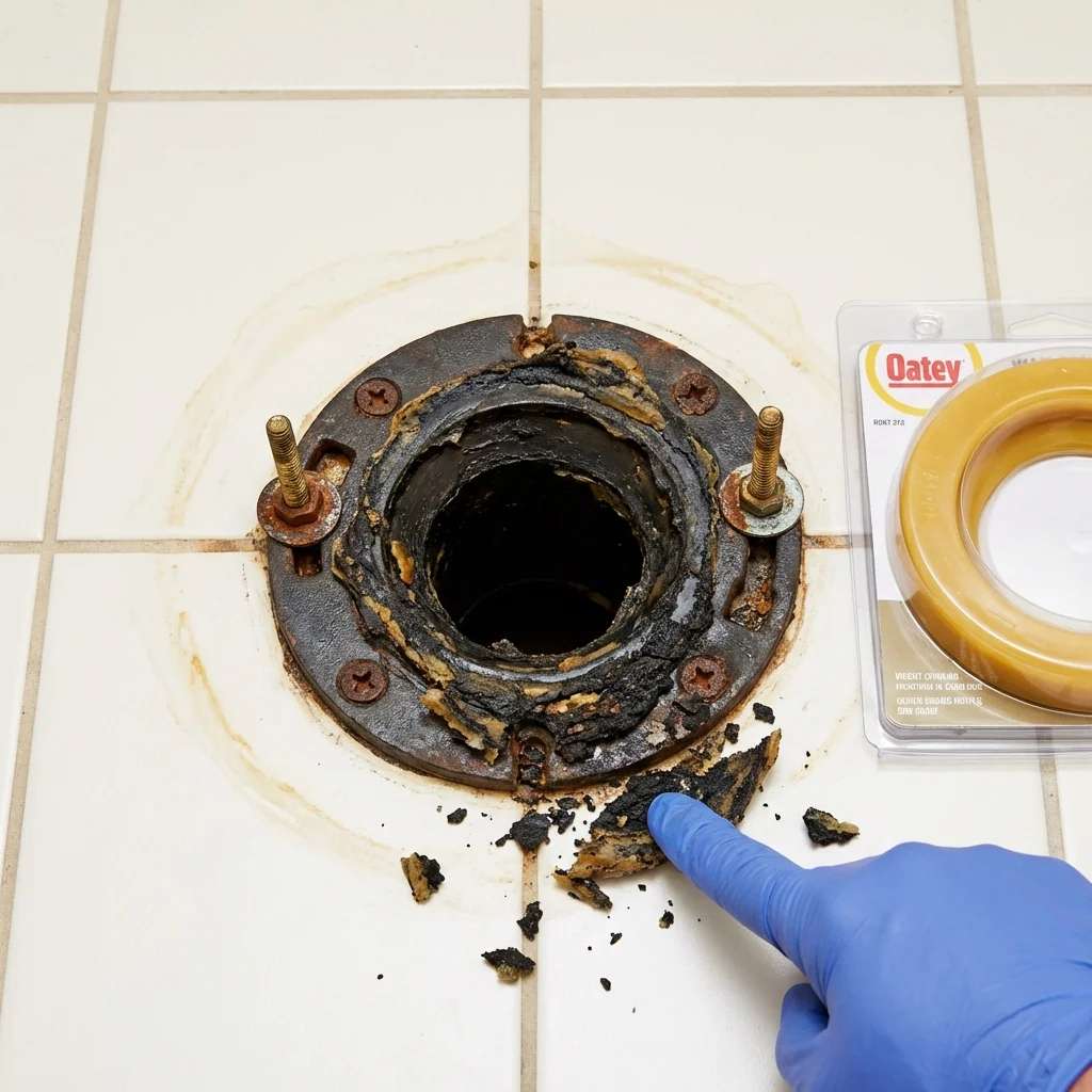 Failed wax ring showing water seepage at the base of a toilet in a Wymore, NE home