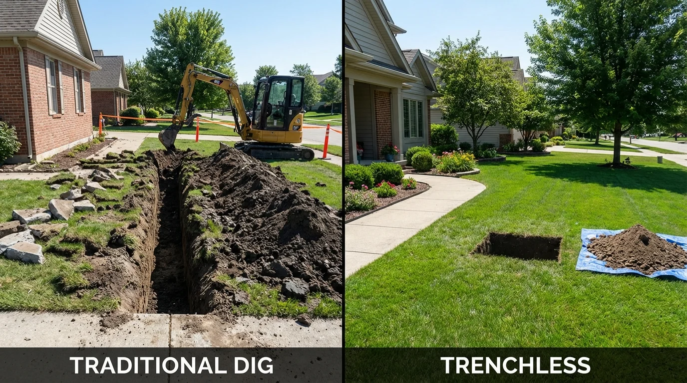 Trenchless sewer repair with minimal yard damage versus traditional excavation in Wymore, NE