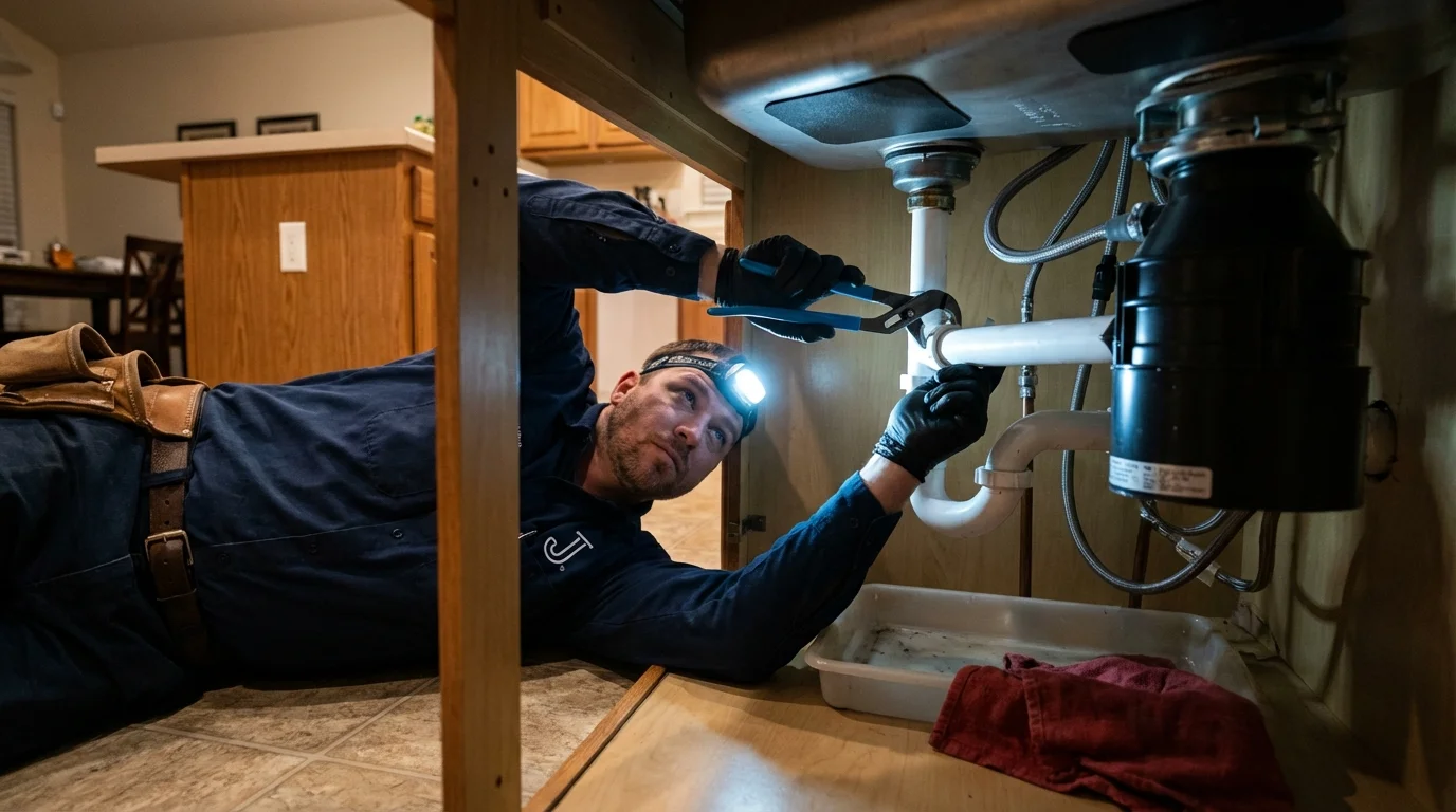 P-trap and supply line connections under a kitchen sink showing a common leak point in Wymore, NE
